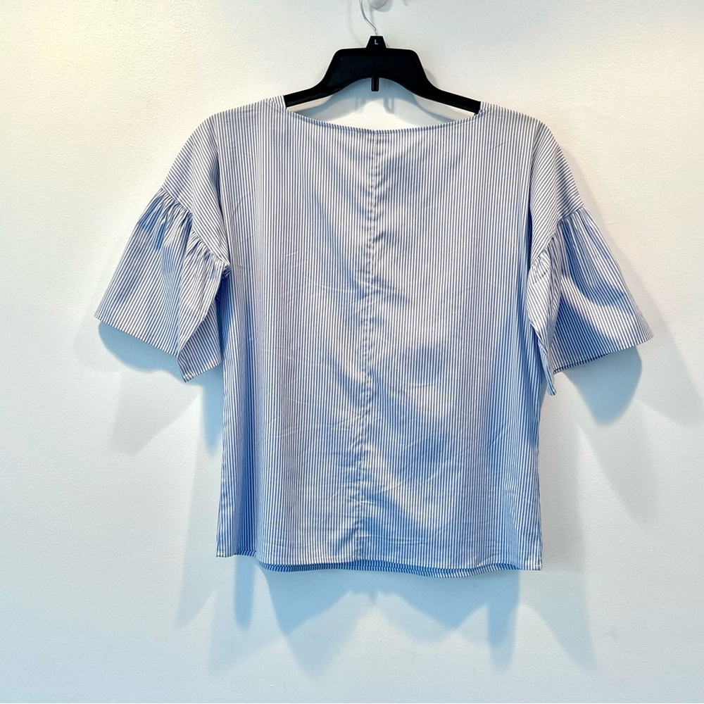 Ann Taylor White Blue Striped Ruffle Flare Sleeve Embroidered Blouse, Size s - Picture 7 of 8